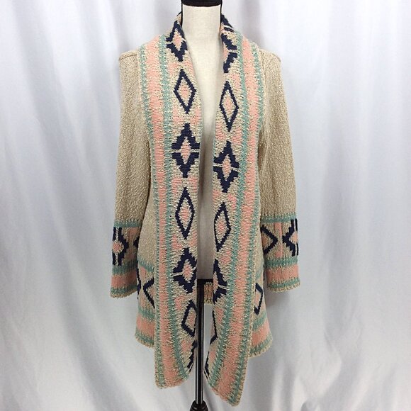 Blue B Collection Apricot Aztec Open Duster Cardigan Sweater Womens Size Medium - Picture 5 of 12